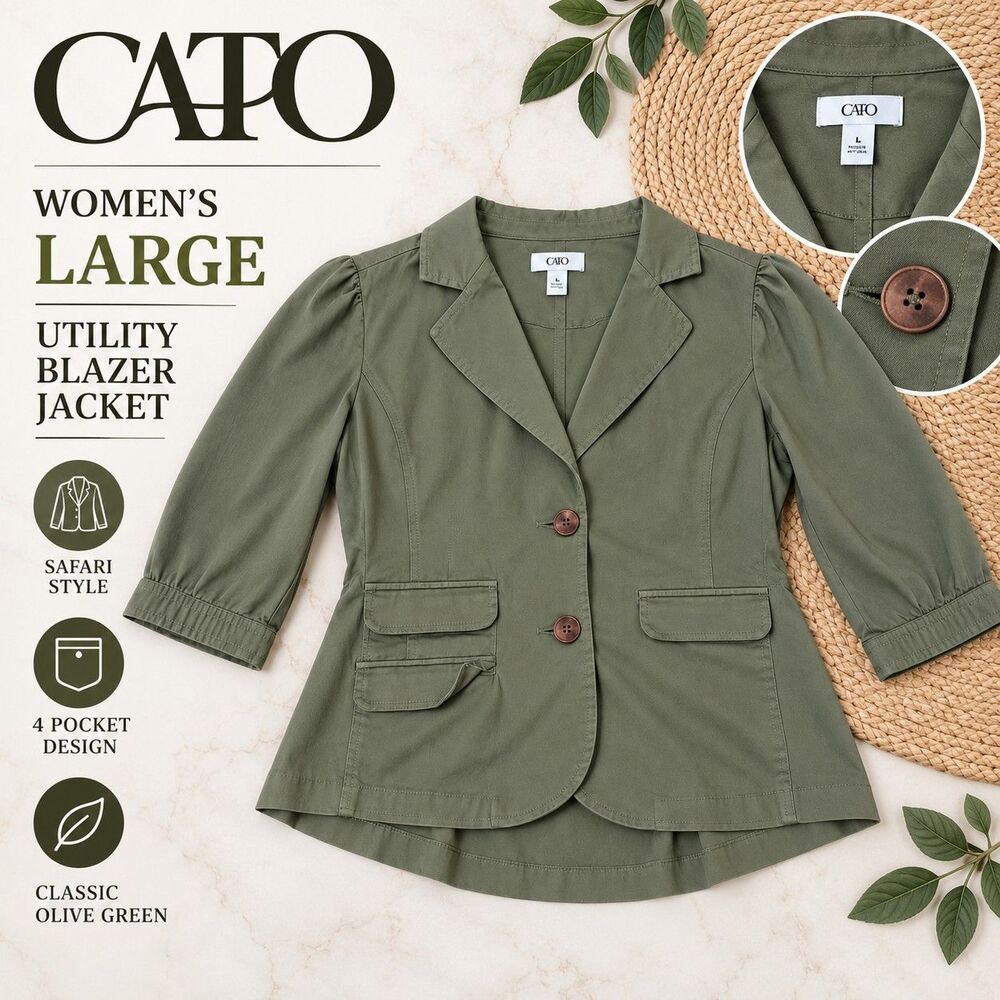 Cato Women's Large Olive Green Utility Blazer Safari Jacket 4 Pocket